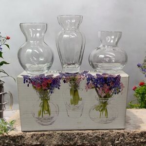 VTG Two’s Company Fluted Vase Trio Hand Blown Glass 3 Clear Bud Vases 3.5" MCM